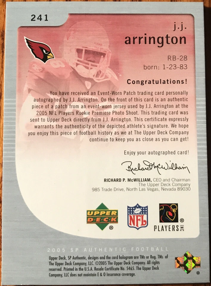 2005 SP Authentic Rookie Jersey Autograph J.J. Arrington #241 #’d 612/699 - Image 2 of 2