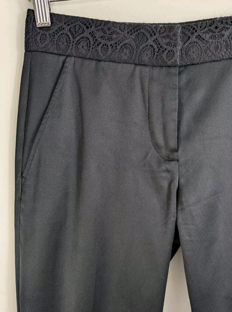 Abito Tory Burch Geoff nero seta raso pantaloni orlo pizzo slim stile smoking taglia 0