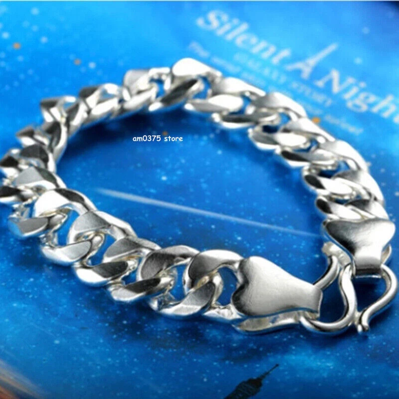 Real 999 Pure Silver Bracelet Women Men Solid 8mm/10mm Cuban Curb Link Chain - Image 3 of 4