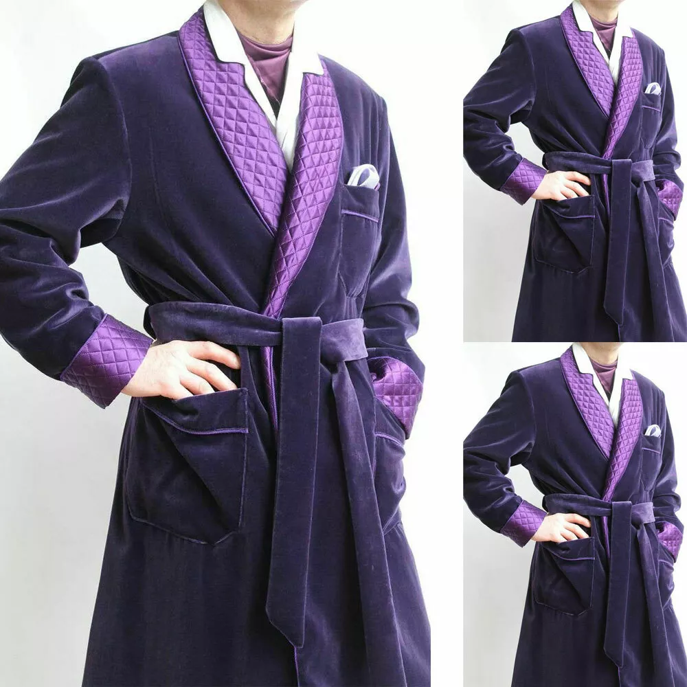 Men s Smoking Robe Jacket Purple Velvet Long Quilted Coat Evening