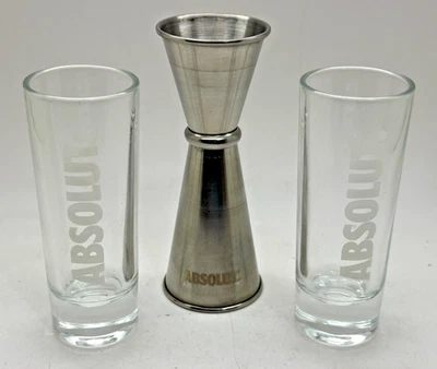 PAIR OF ABSOLUT VODKA SHOT GLASSES & MEASURE - PUB BAR HOME JIGGER - Image 1 of 3
