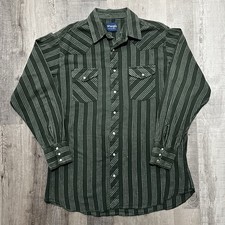 VTG Wrangler Pearl Snap Green Striped Cotton Blend Rodeo Cowboy Shirt Men's XL