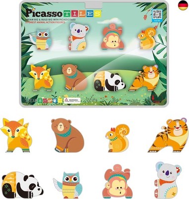 PicassoTiles Magnet Tile Building Blocks 8 Magnets Forest Animal Action Figures