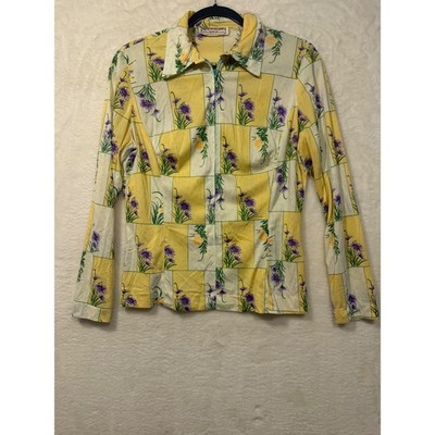 Vintage Young Dimensions Saks Fifth Avenue Floral Zip Front Blouse Yellow Purple