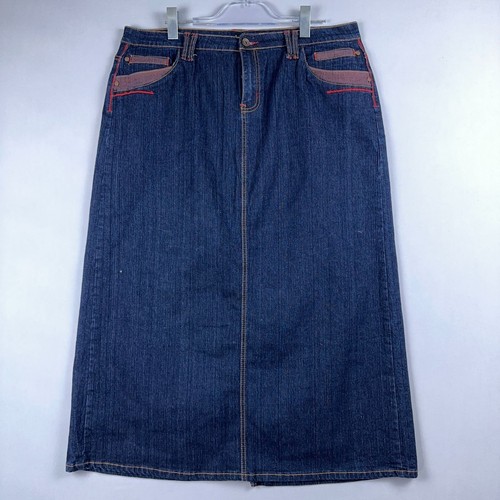Deja Bleu Denim Maxi Skirt Womens Size 16 Back Slit Flat Front Stretch Blue