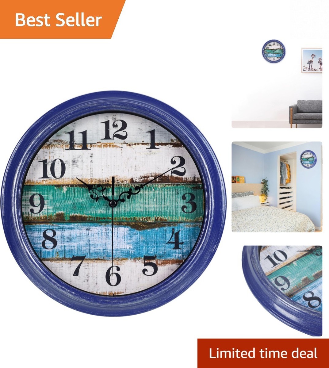 12-Inch Blue Coastal Wall Clock - Large Silent Display for