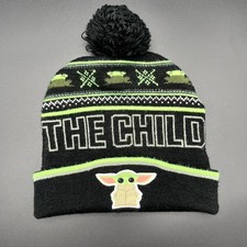 The Child Grogu Hat Star Wars Mens L Black Beanie Cap Stretch Cuffed Pom Winter