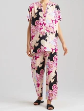 Natori Geisha Pajamas 2 PC Set Womens M Black Multi Floral Geisha Print $88 NWT