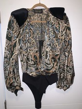 Bronx and Banco Silk India Green Shoulder pads Bodysuit 4/ Small New w Tags