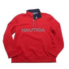 Nautica Sweatshirt Mens Large Red 1/4 Zip Mock Neck Fleece Pullover Logo