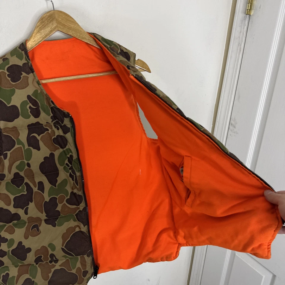VTG Eddie Bauer Goose Down Vest Reversible Camo Blaze Orange USA 70s 80s M - Image 3 of 4