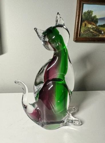 Vintage Murano Italy Heavy Art Glass Cat Figurine 8.5”H Green Purple Sommerso