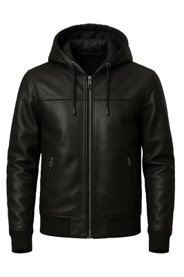 Men's Black Real Leather Hoodie Genuine Lambskin Leather Bomber Hooded Jacket