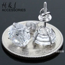 MEN WOMEN 925 STERLING SILVER 9MM ICY BLING CZ ROUND SCREW BACK STUD EARRING*E88