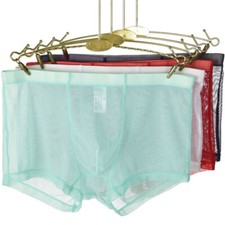 Mens See-through Ice Silk Boxer Briefs Shorts Low Waist Underwear Transparent
