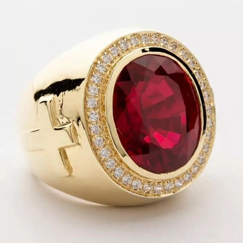 3Ct Oval Cut Simulated Red Ruby Men's Cross Bishop Ring 14K Yellow Gold Plated