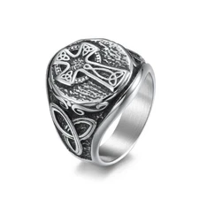 Vintage Nordic Celtic Knot Cross Stainless Steel Ring Men's Biker Punk Pray Ring