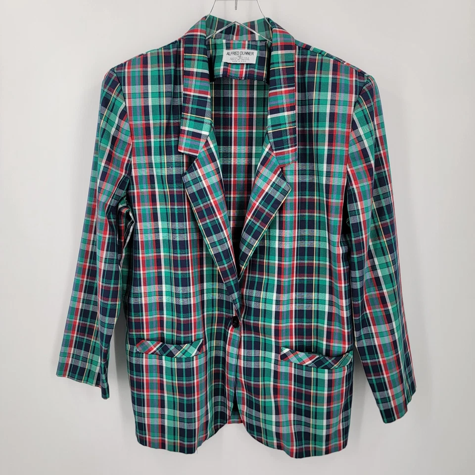 Terno calça xadrez feminino Alfred Dunner 10 bolsos de cintura elástica verde azul vintage - Imagem 3 de 4