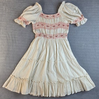 knee length dresses for ladies Ivy White Smocked Ruffle Sleeve Eyelet Ruffle Hem Midi Dress Small main image 0