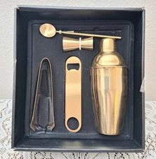 Stainless Steel Cocktail Shaker Set 5 Piece Gold Tone Mixology Bartender Kit