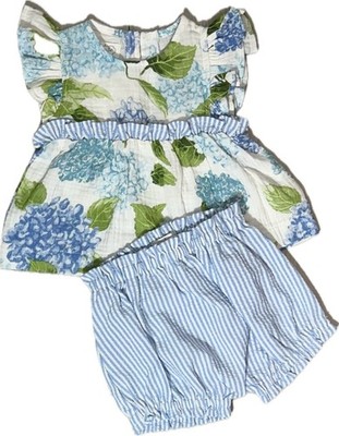 Mud Pie 3m 6m NWOT blue hydrangea pinafore seersucker bloomer set floral flower
