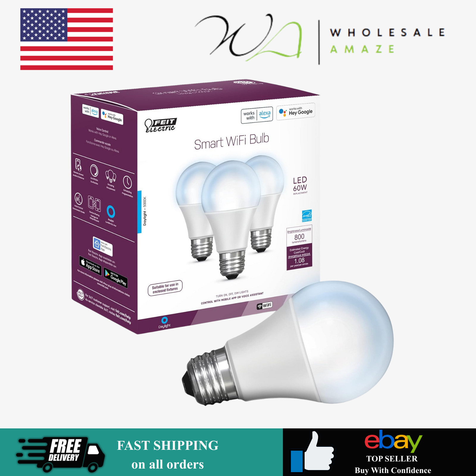 Feit Electric Smart Light Bulbs, 2.4Ghz WiFi Light Bulbs, No Hub Needed, 3 Pack
