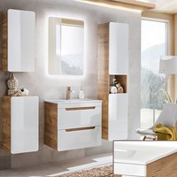 BadmöBel Badezimmer Set Weiß Eiche Waschtisch-Unterschrank Spiegel Hochschrank