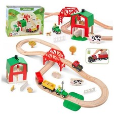 42PCS Wooden Farm Train Set for Toddler, Battery Operated Train Railway Track