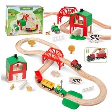  42PCS Wooden Farm Train Set for Toddler, Battery Operated Train Railway Track 