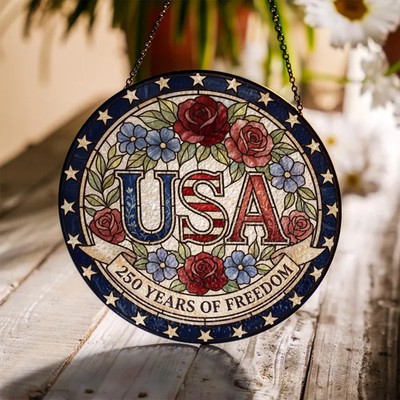 Patriotic Flag Floral Stained Glass Suncatcher Window Decor
