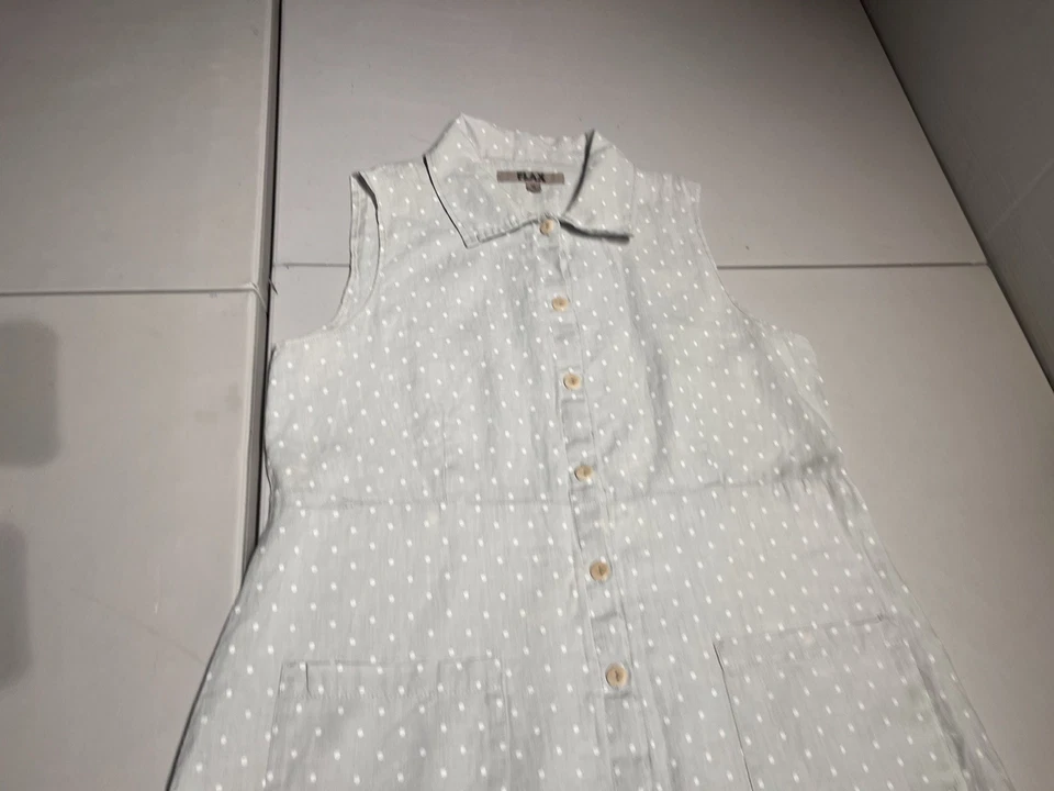 Vestido de lino para mujer pequeño gris crema estampado de lunares camisa con botones vestido lino bolsillos Foto 3 de 4
