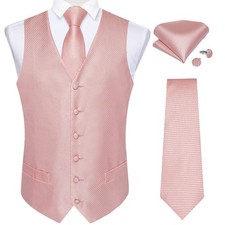 Pink Satin Plain Mens Waistcoat Hankie Cufflinks Set Wedding Vest Suit Tuxedo
