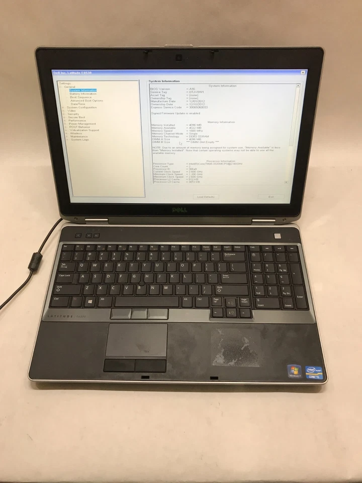 Dell Latitude E6530 15" Intel Core i5 4GB RAM NO HDD/OS Boots to BIOS READ! - DW - Image 3 of 4