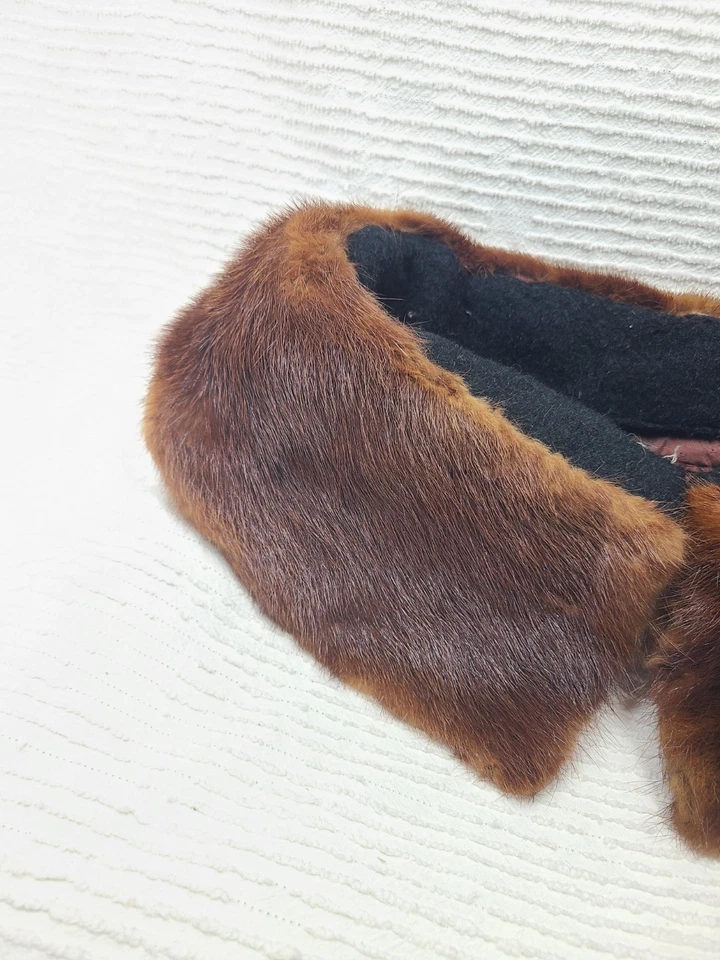 Abrigo Suéter de Colección Años 60 Marrón Cuello de Piel de Visón Coser Cuero Genuino Pinup Sable? Foto 3 de 4