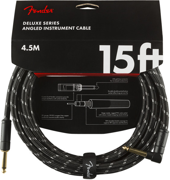 Fender Deluxe BLACK TWEED Guitar/Instrument Cable, Straight-Right Angle, 15' ft