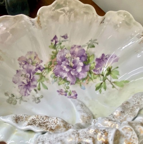 Antique Hand Painted Porcelain Divided Dish 15” Floral Molded Handle Signed - Picture 7 of 9