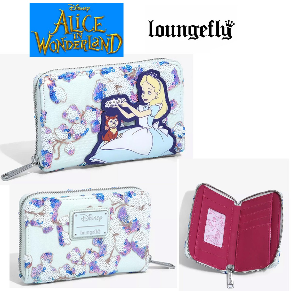 Loungefly ALICE IN WONDERLAND FLORAL SEQUIN Wallet Dinah Disney