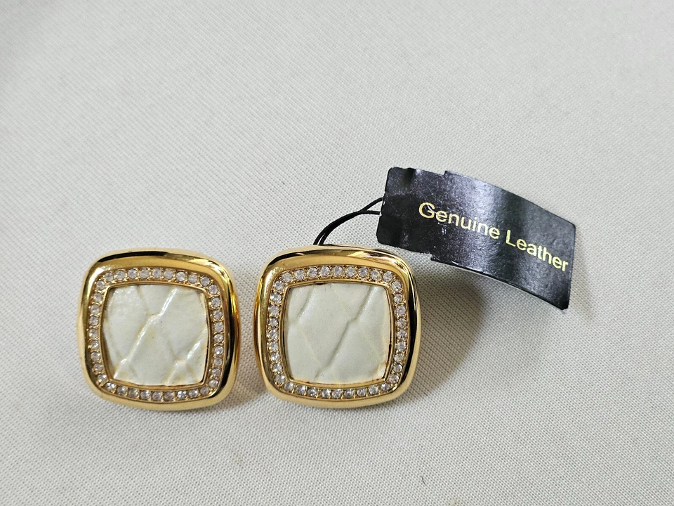 Juego de pendientes Joan Rivers Classics "Shimmering Croco" de cuero marfil y cristal ~ Nuevo con etiquetas Foto 3 de 4