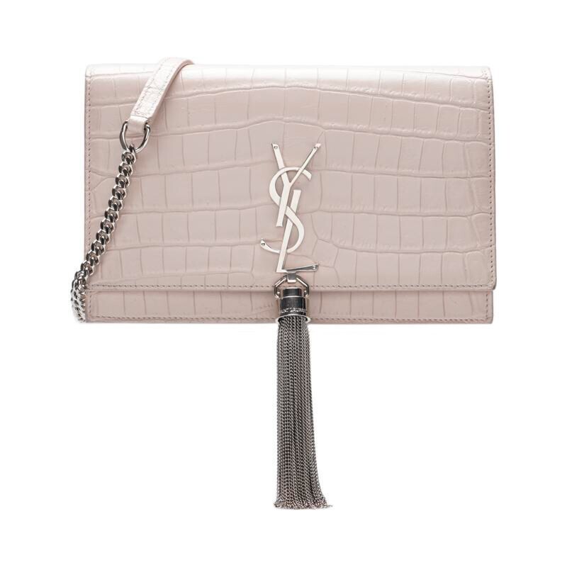 Saint Laurent Rosa Pelle di Vitello Croc Monogram Kate Nappa WOC Placcato Argento Piccolo