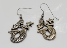 Metal Silver Tone Mermaid Pierced Earrings Drop Dangle Design 1 3/4"