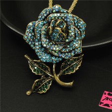 Fashion Women Blue Bling Lovely Rose Flower Crystal Pendant Necklace