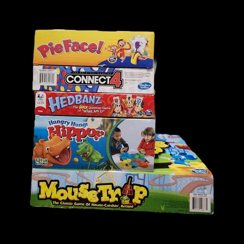 monopoly, pieface, hungry hippos,cranium, mousetrap, headbandz, toss across etc