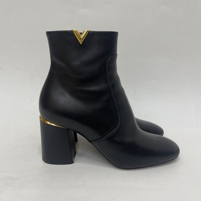 Louis Vuitton Women Black Ankle Boots Leather Zip Square Toe Booties Sz EUR 38.5