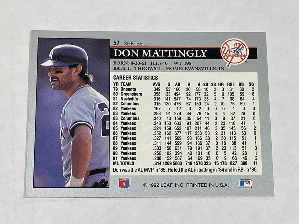 1992 Leaf Baseball #57 - Don Mattingly - New York Yankees - Image 2 of 2