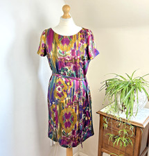 Ghost London Ikat Silk Dress Size L Multicoloured Satin Shift Belted Artistic