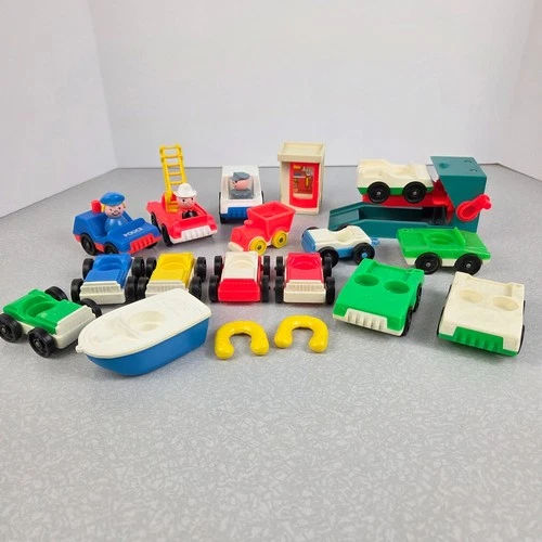 Vintage Little People Fisher Price Lot of 22 pc Cars Phone Booth Car Lift Boat
