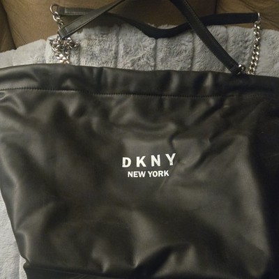 DKNY Black Logo Shoulder Bag Chain Accent Silver Hardware Women