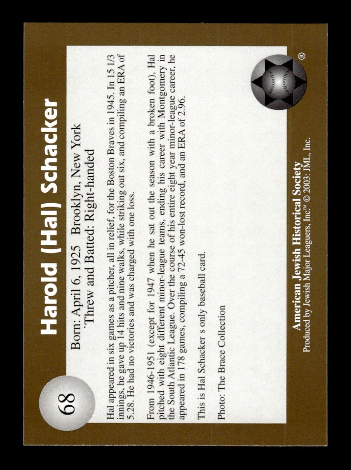 2003 Jewish Major Leaguers #68 Hal Schacker Gold Edition Only 500 Made! RARE - Image 2 of 2