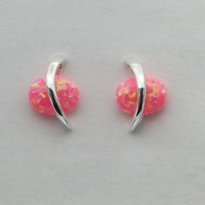 Pink FIRE OPAL Oval Post / Stud Earrings Unique - 925 STERLING SILVER #422e
