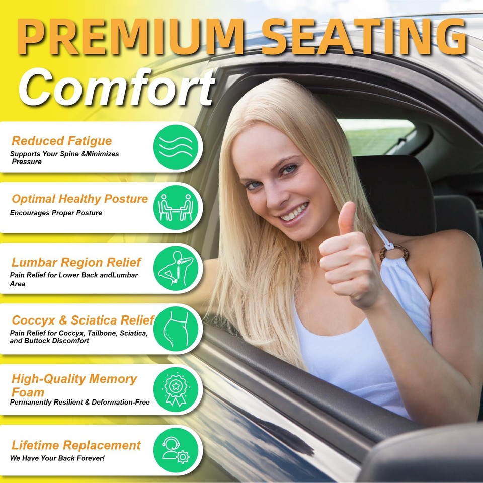 Car Seat Cushion with Back Support Pillow Enhanced Comfort Memory Foam